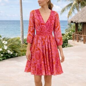 Poupette St. Barth Chiffon Long Sleeve Floral Pink Dress S